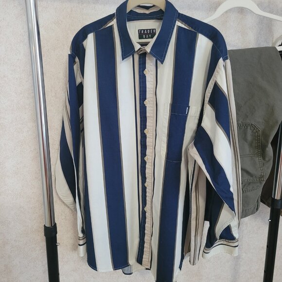 Navy Blue Striped Mens Long Sleeve Trader Bay Shirt Size XL - Picture 2 of 14